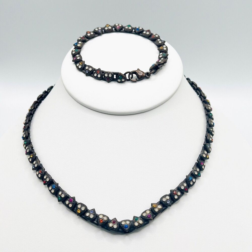 Sorrelli Necklace Bracelet Set Rhinestone Heart Link Statement Signed